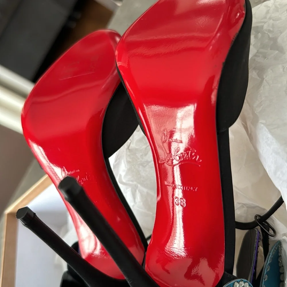 Christian Louboutin pensamoi black satin crystal peep toe stiletto RARE sz 38